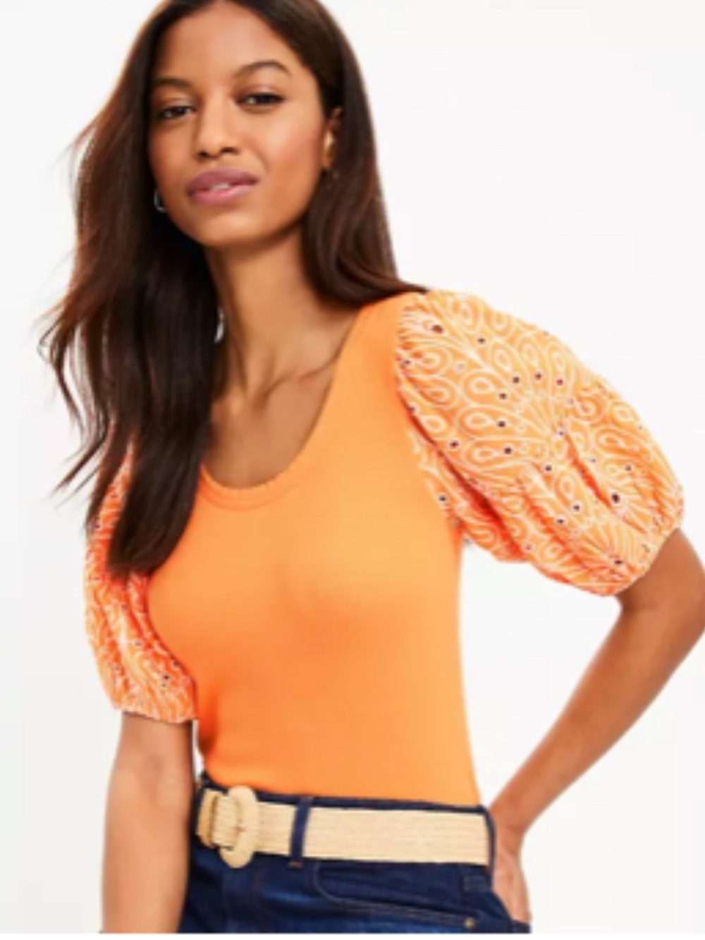 LOFT Eyelet Puff Sleeve Mixed Media Top